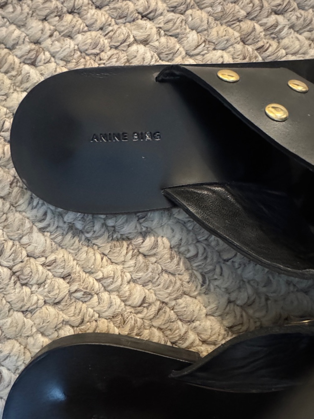 Anine Bing Black Leather Studded Slide Sandals - Picture 2 of 6